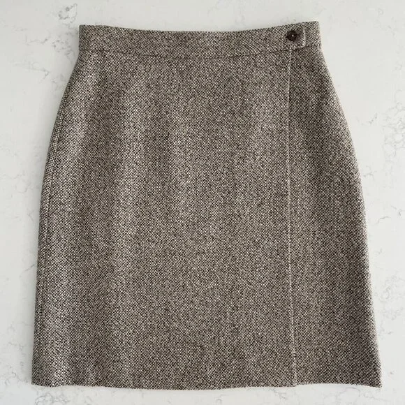 Brooks Brothers Classic Lined Tweed Wool Blend Wrap Skirt Brown Tan Cream Sz 8 - Picture 4 of 15